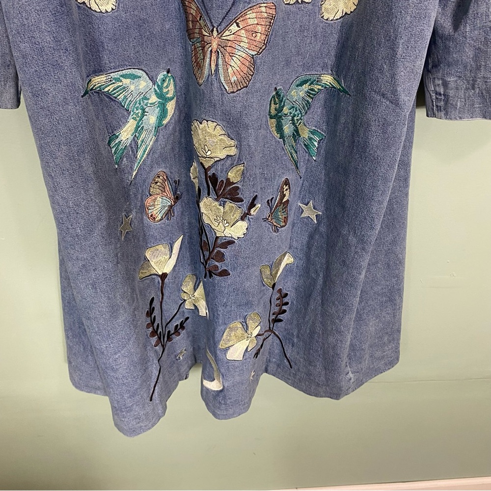 Free People Denim & Bone Buffalo Denim Duster Butterfly Floral Embroidered Sz‎ L - Picture 9 of 10